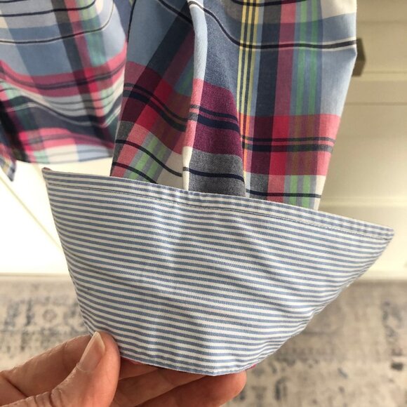 Chaps Petite No-Iron Plaid Button Down Lg Slv Cotton Shirt Blue Pink Wht Sz MP - Picture 5 of 12